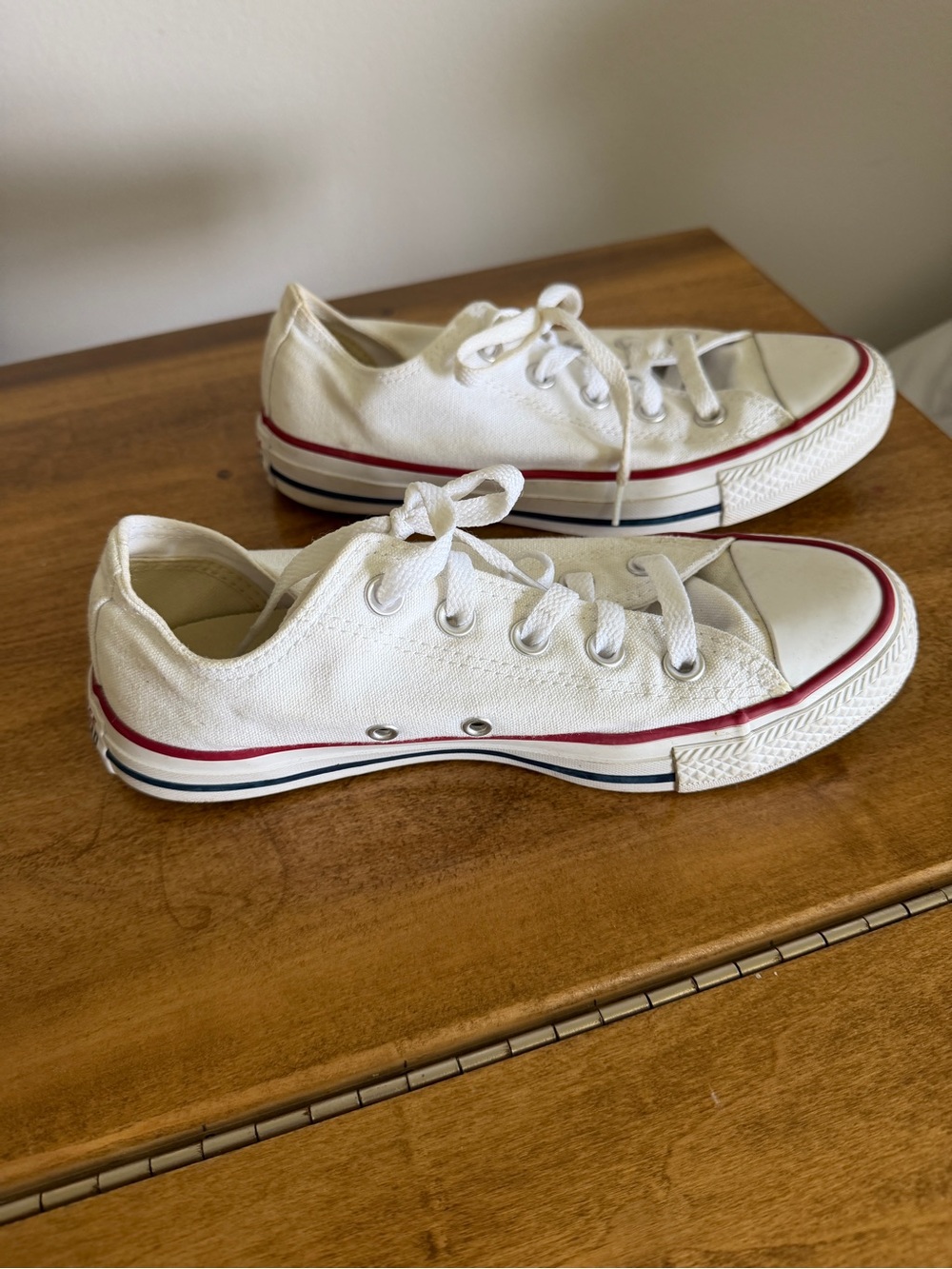 Converse White Canvas Low-Top Sneakers with Red & Blue Trim